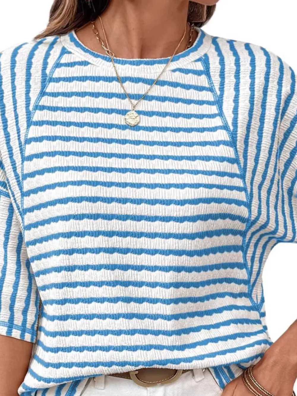 Casual Striped Raglan Sleeve Textured T-Shirt, image 6