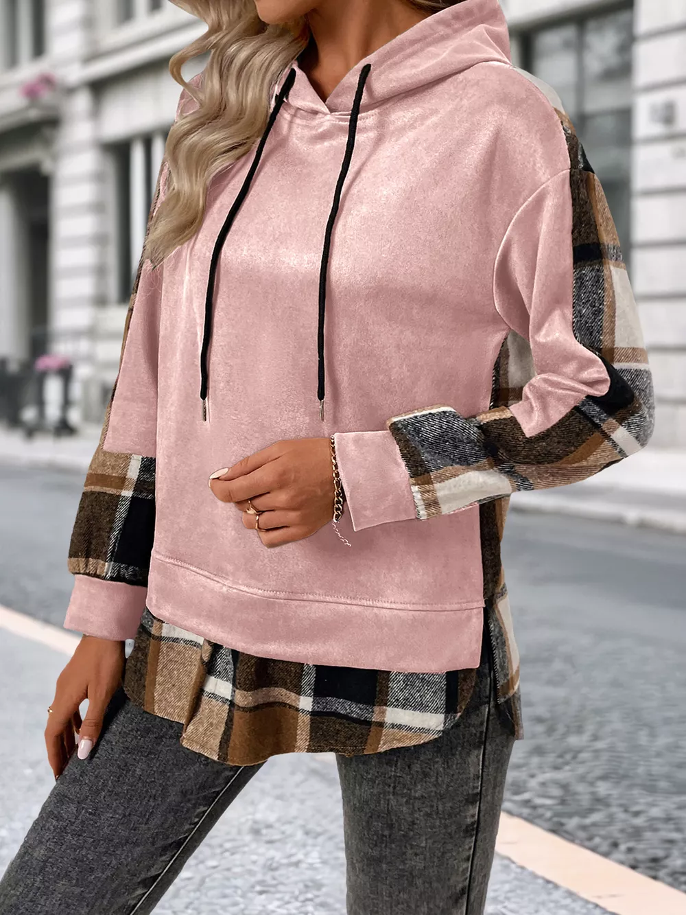Plaid Drawstring Long Sleeve Hoodie, image 23