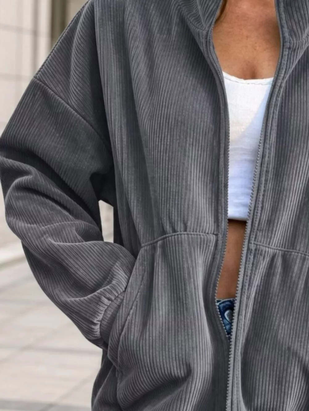 Casual Corduroy Zip-Up Stand Collar Sweatshirt, image 6