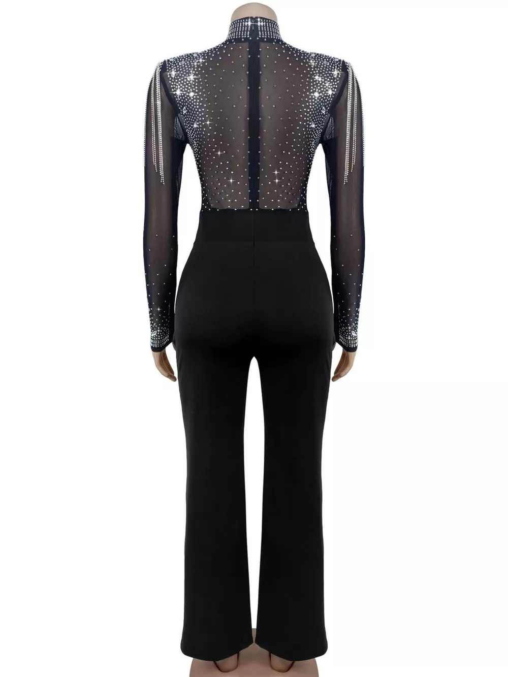 Rhinestone Embellished Mesh Long Sleeve Jumpsuit, image 7
