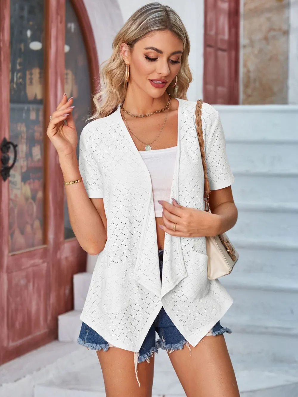 Eyelet Open Front Short Sleeve Cover Up, image 9