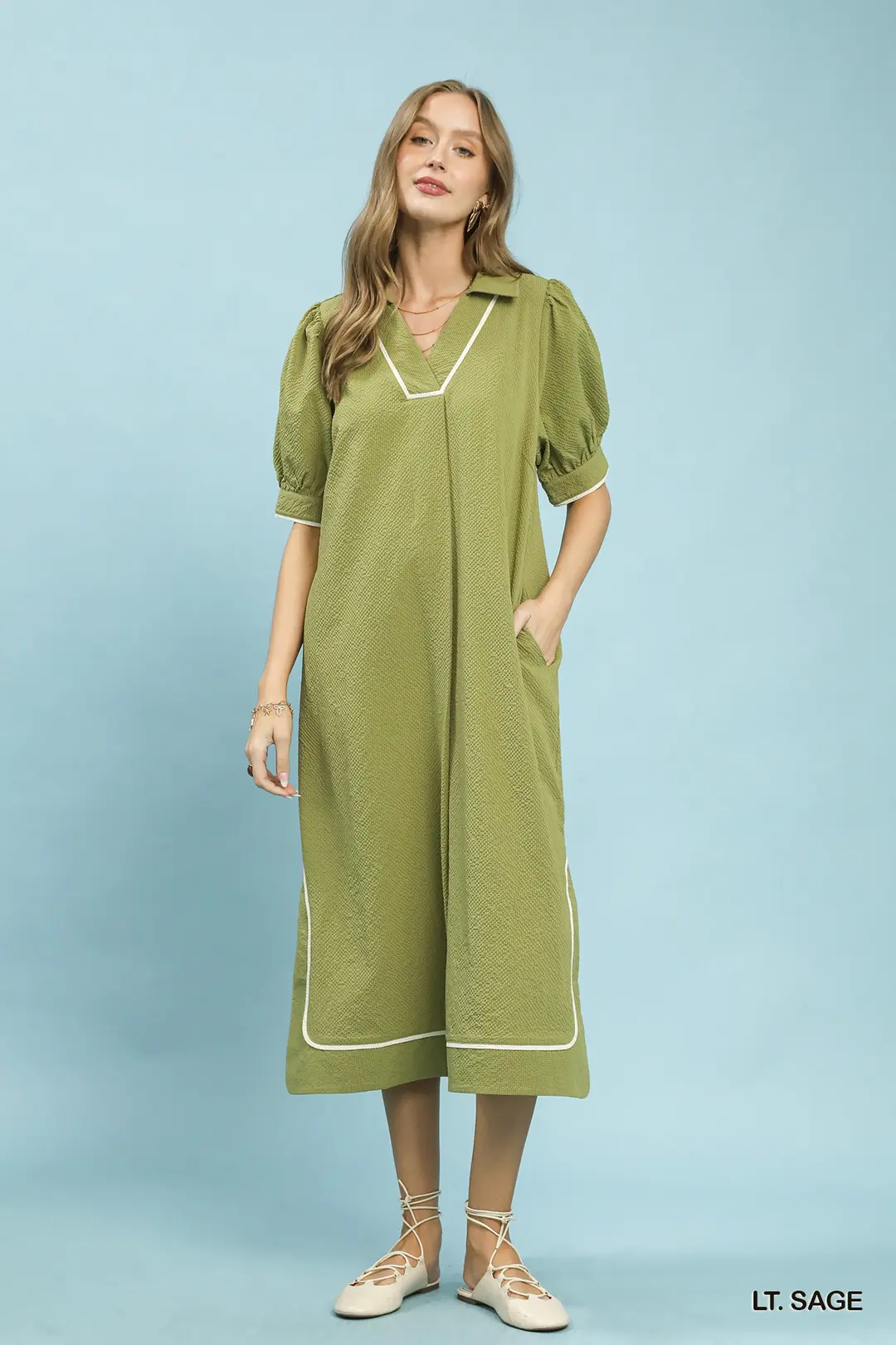 Seersucker Midi Dress with Contrast Trim