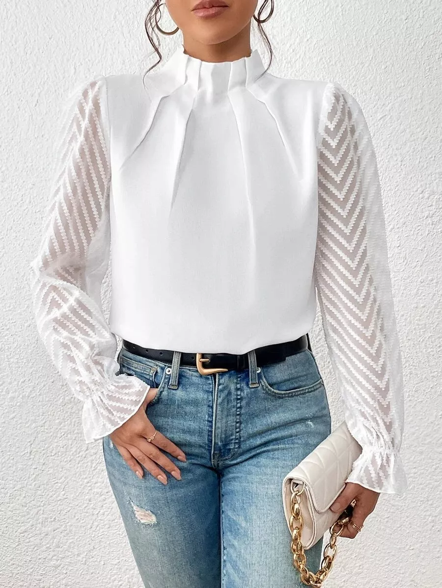 Mock Neck Sheer Lace Sleeve Blouse, image 5