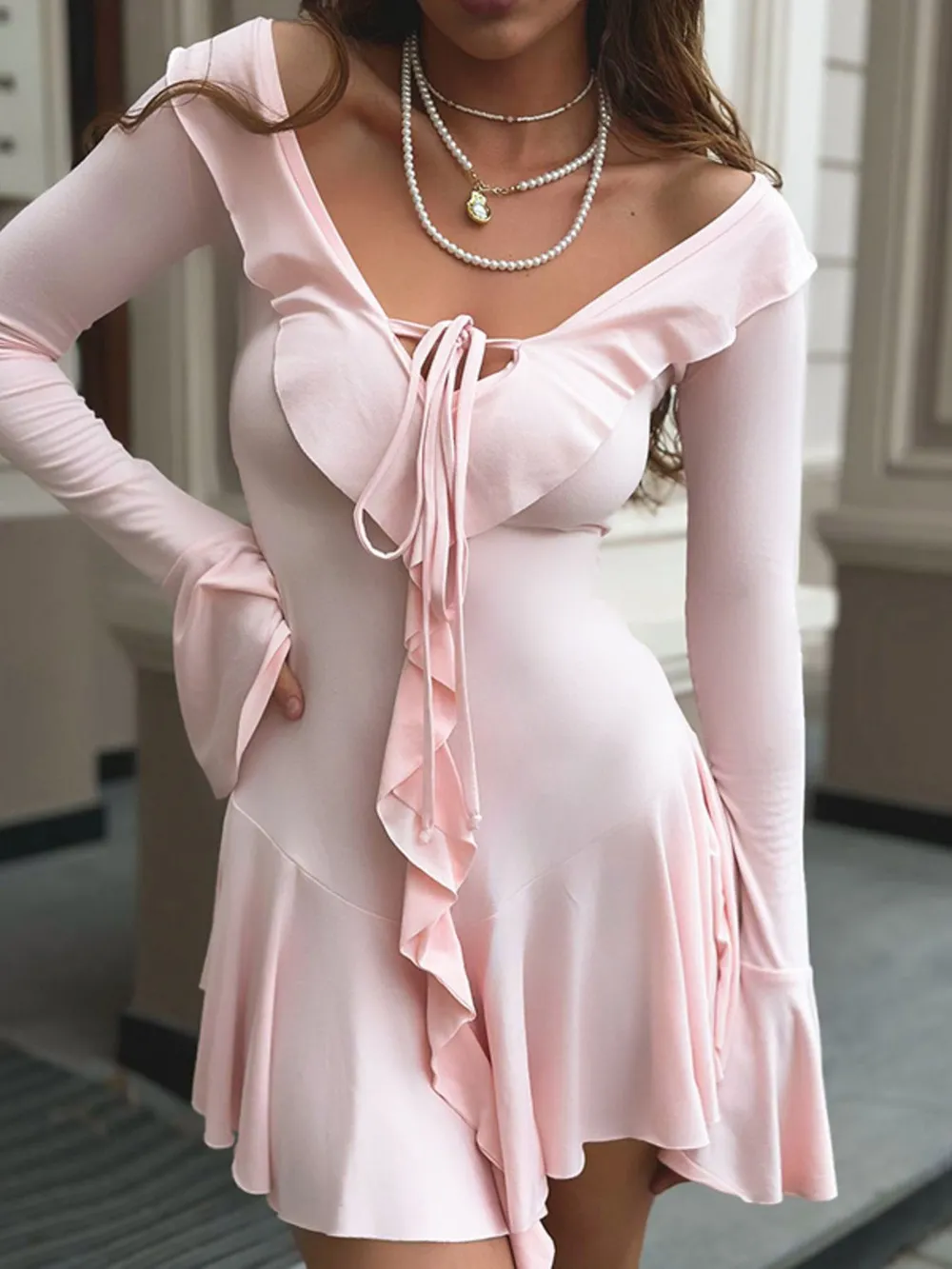 Ruffle V-Neck Flounce Sleeve Mini Dress, image 14