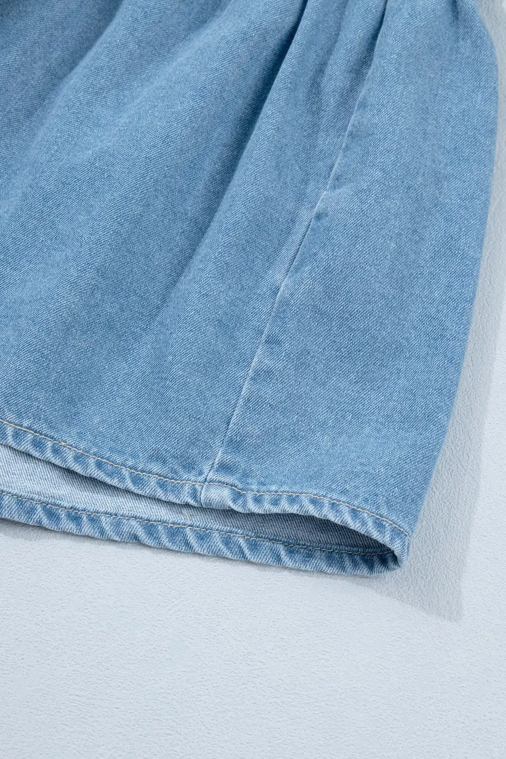 Button Down Short Puff Sleeve Ruffle Hem Denim Dress, image 14