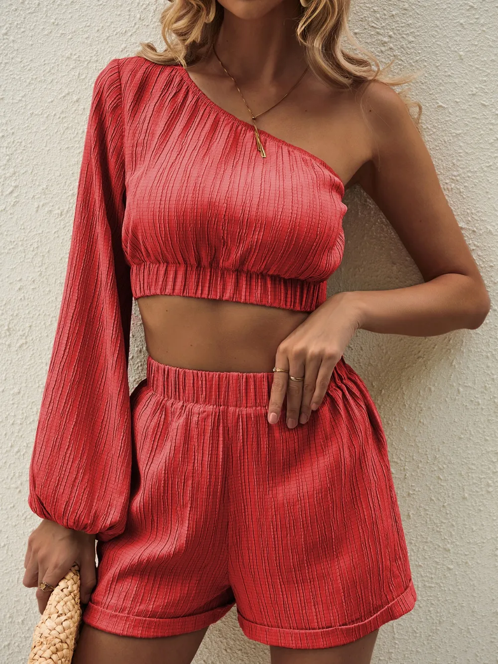 One Shoulder Long Sleeve Top and Shorts Set, image 32