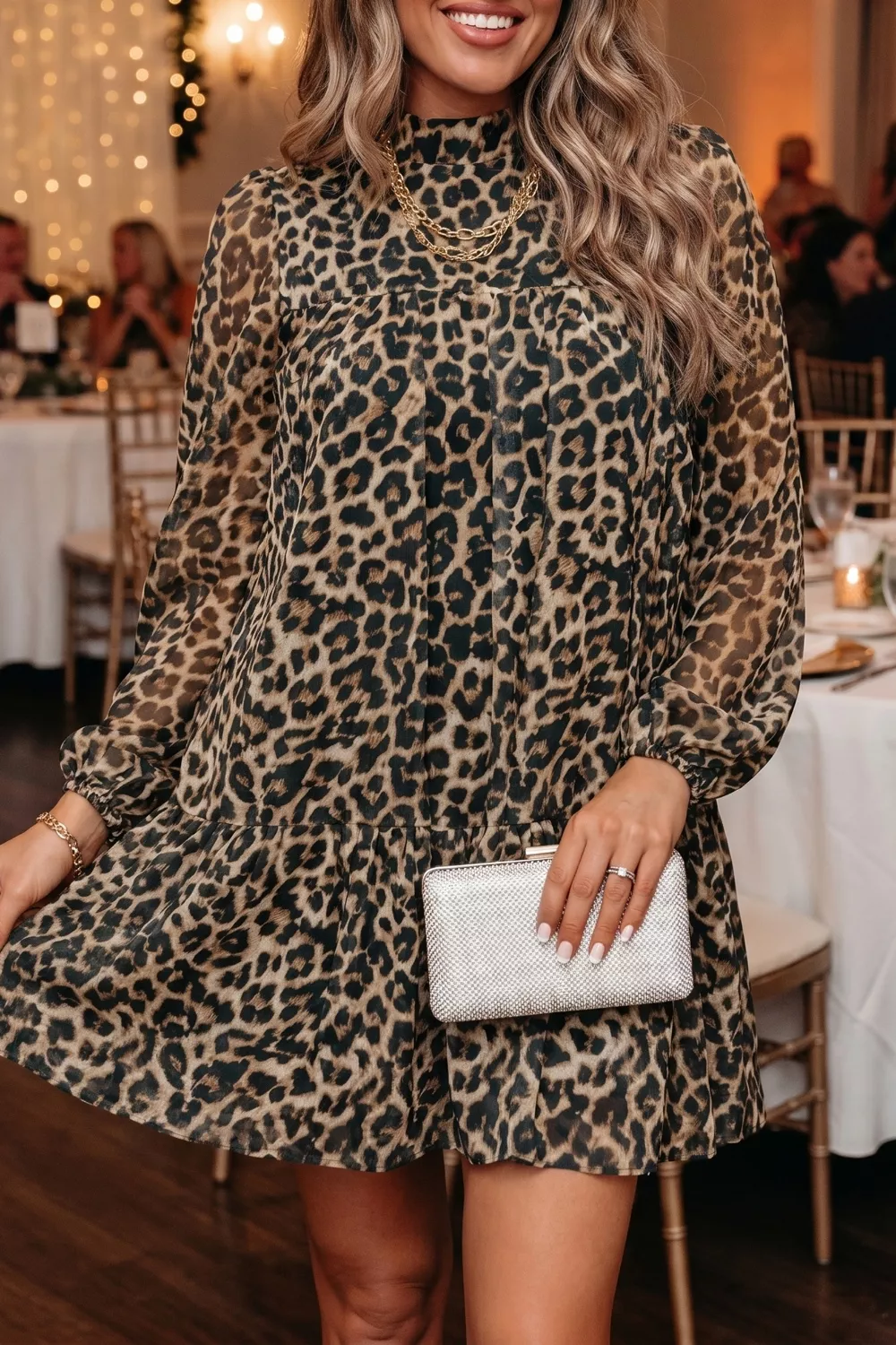 Leopard Print Long Sleeve Short Shift Dress, image 3