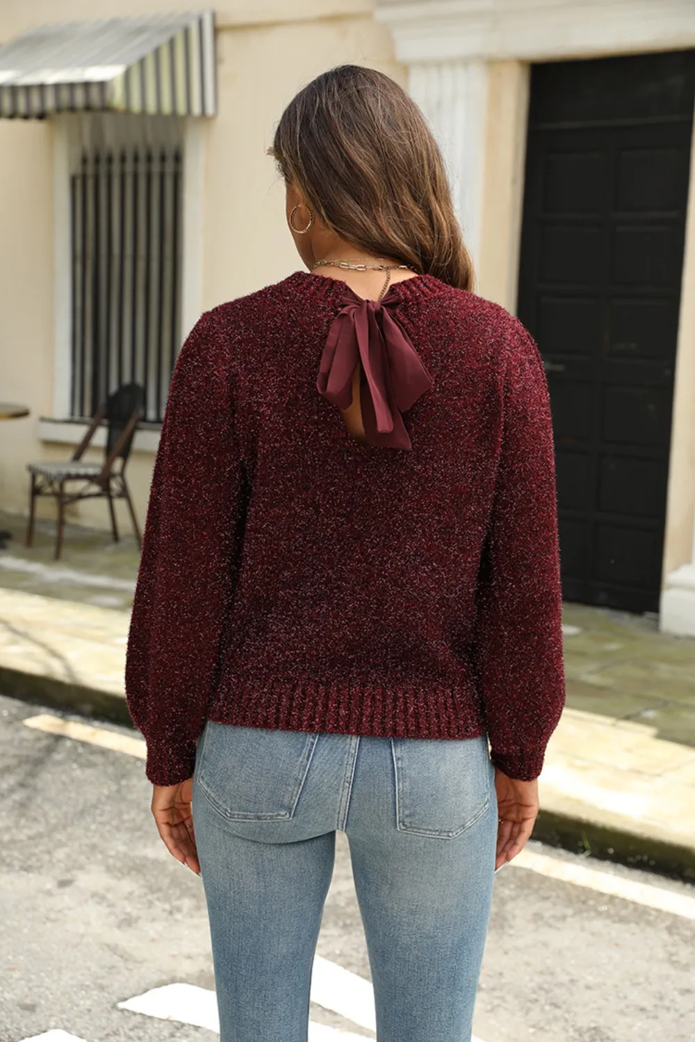 Tied Heathered Round Neck Long Sleeve Sweater, image 2