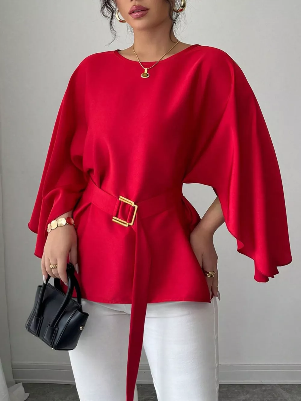 Round Neck Belt Batwing Sleeve Blouse, image 2
