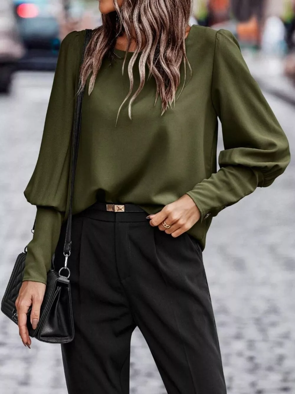 Back Button Lantern Sleeve Blouse, image 17