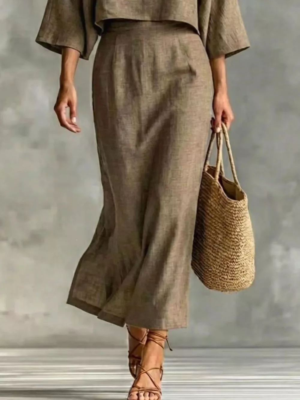 Full Size Solid Color Cropped Top and Midi Skirt Set Plus Size, image 12