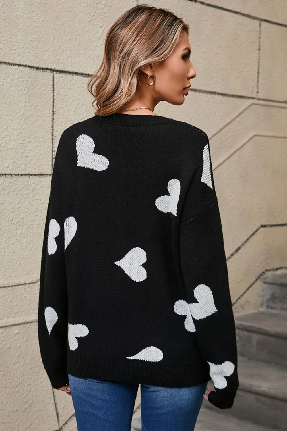 Heart Round Neck Dropped Shoulder Sweater, image 12