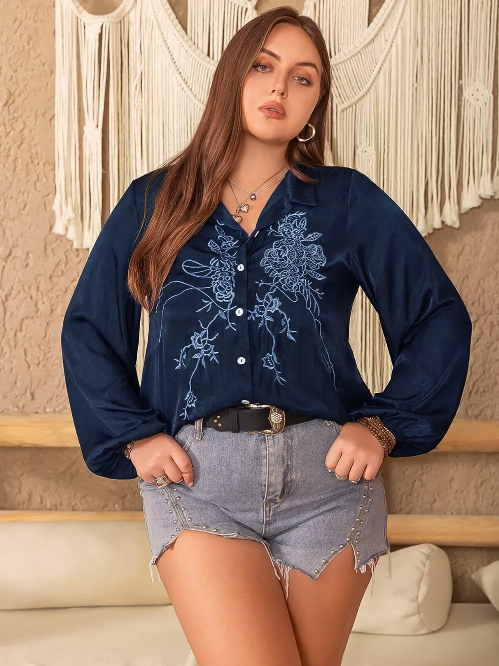 Plus Size Embroidered Long Sleeve Shirt, image 7