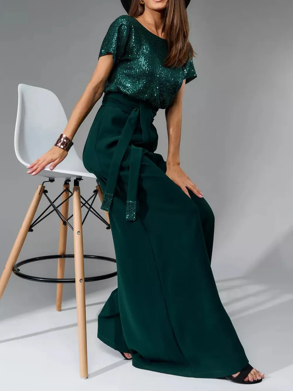Full Size Sequin Round Neck Short Sleeve Wide Leg Jumpsuit, image 8