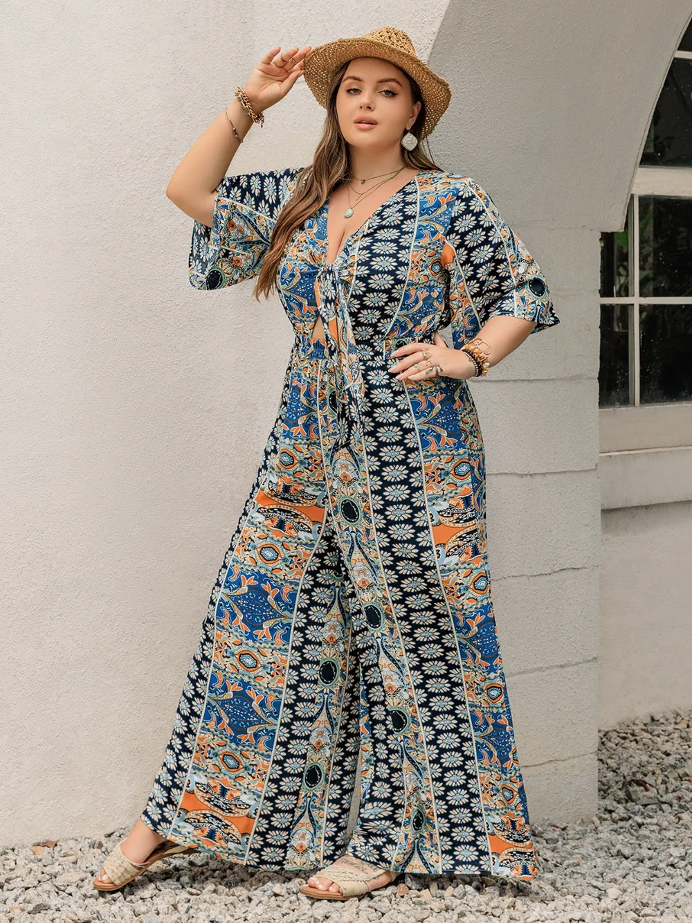Plus Size Printed Half Sleeve Wide Leg Jumpsuit, image 9