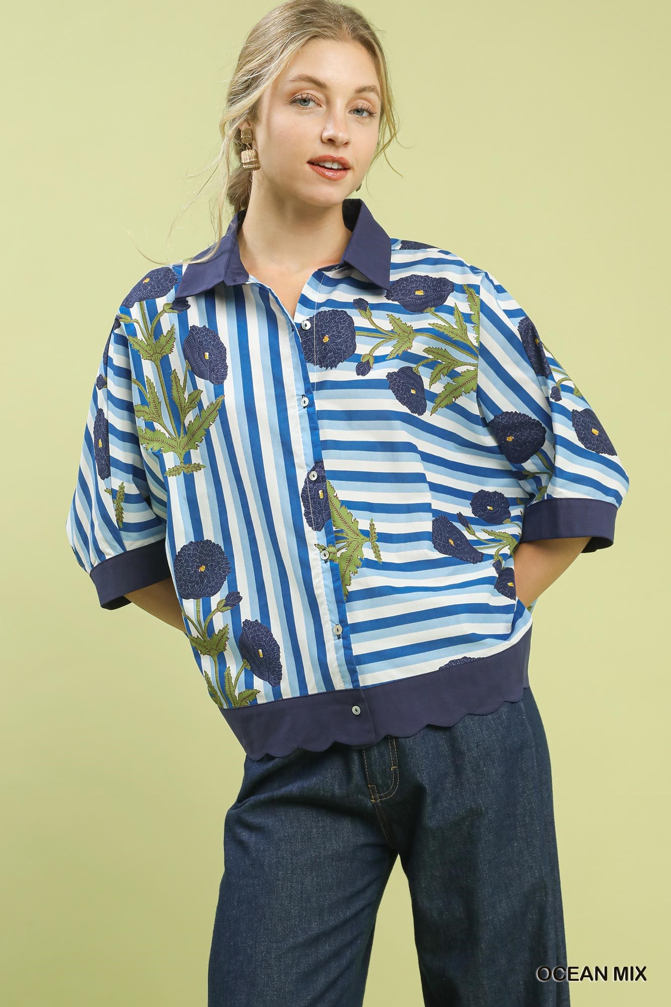 Mix Floral Stripe Button Down Top