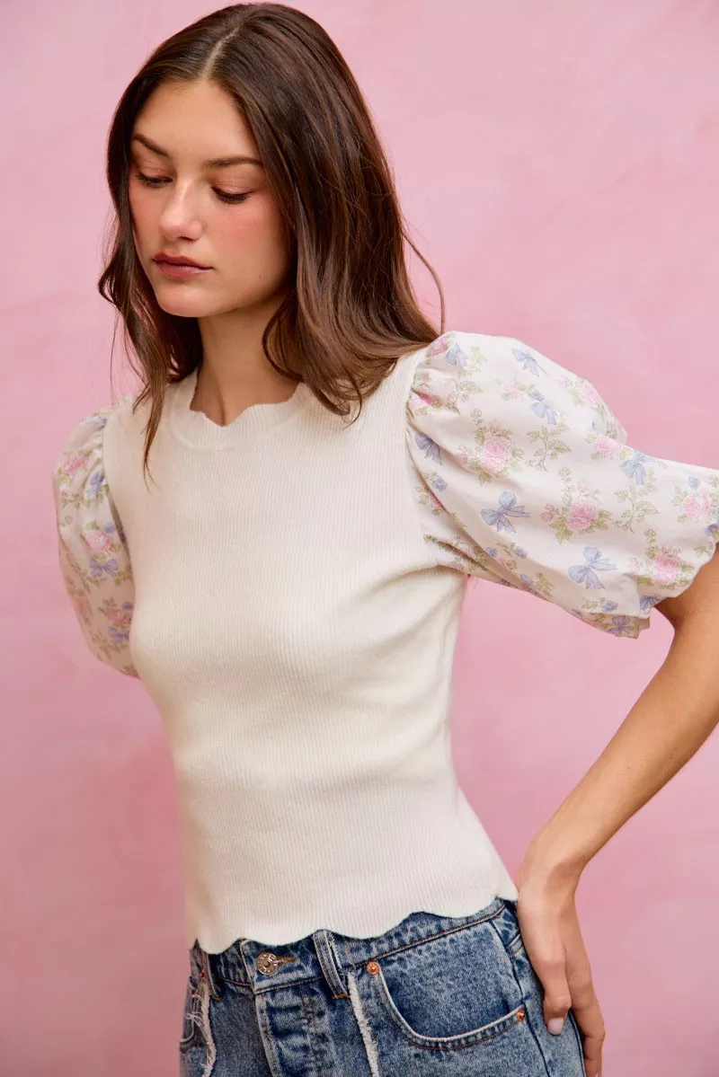 Floral Cotton Contrast Sleeves Scallop Sweater Top, image 16