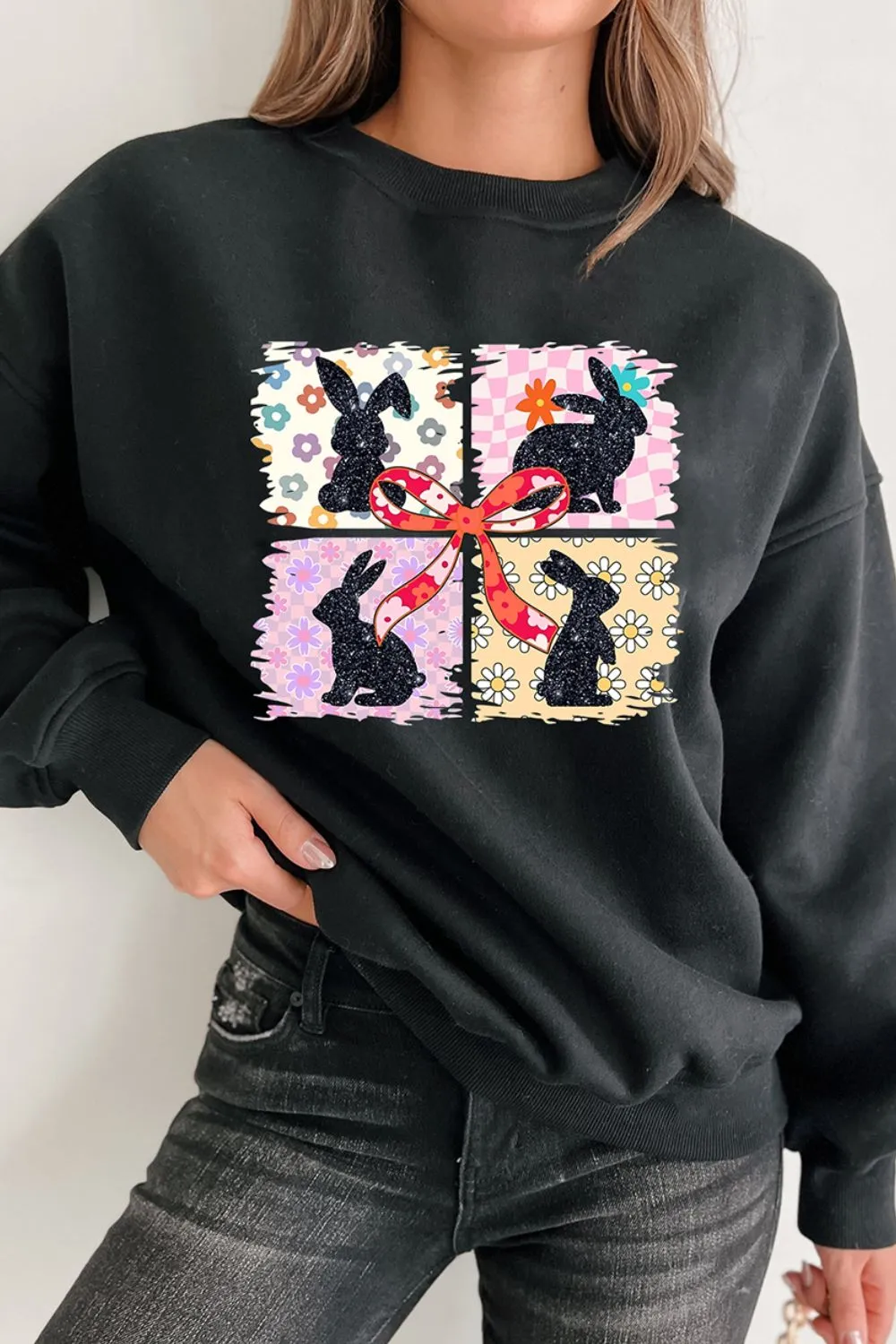 Floral Bunny Plaid Bow Graphic Easter Sweatshirt, image 4