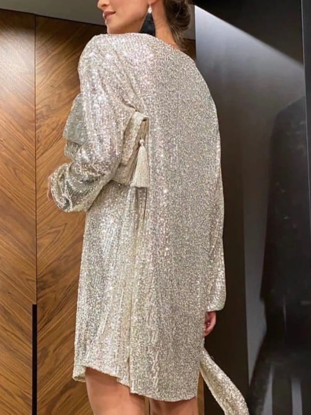 Sequin Tie Waist Long Sleeve Mini Dress, image 12