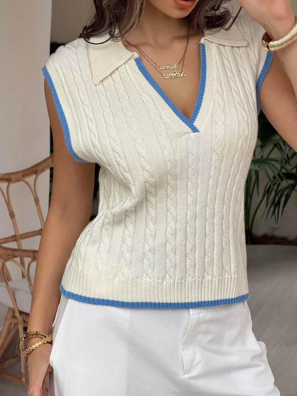Cable Knit Polo Sweater Vest with Contrast Trim, image 2