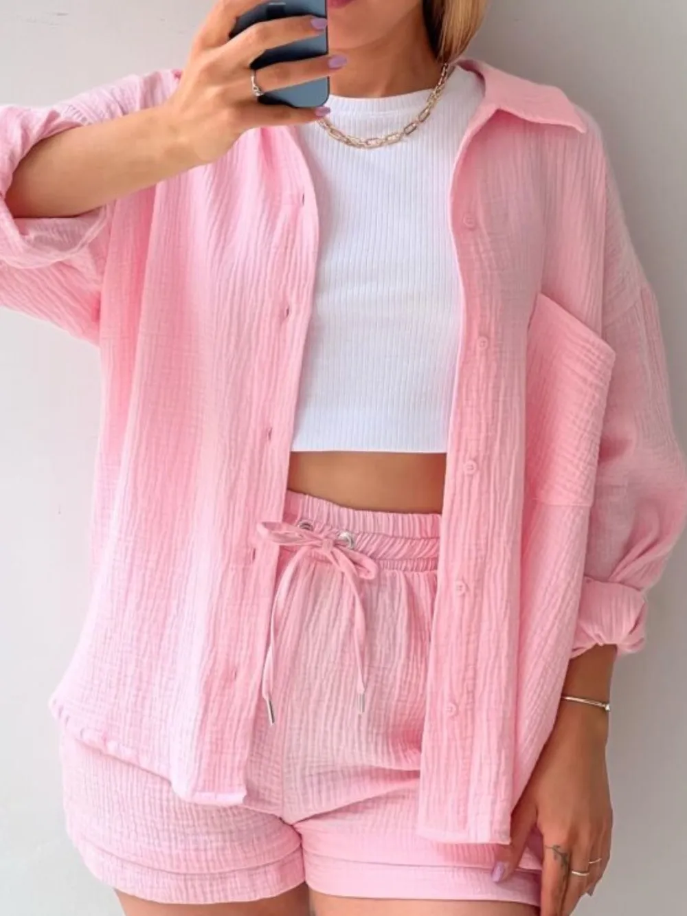Textured Button Up Shirt and Shorts Set, image 34