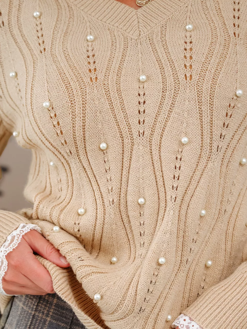 Pearl-Embellished V-Neck Pullover Sweater, image 14