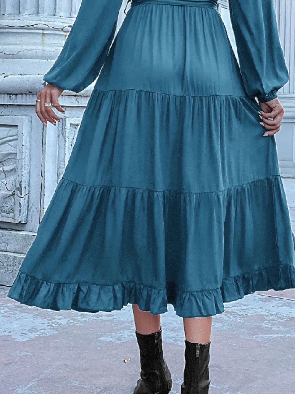 Ruffled Hem V-Neck Balloon Sleeve Dress, image 34
