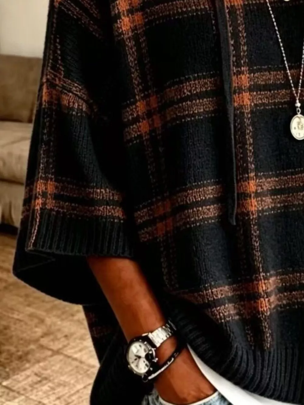 Full Size Drawstring Plaid Hooded Sweater Plus Size, image 4