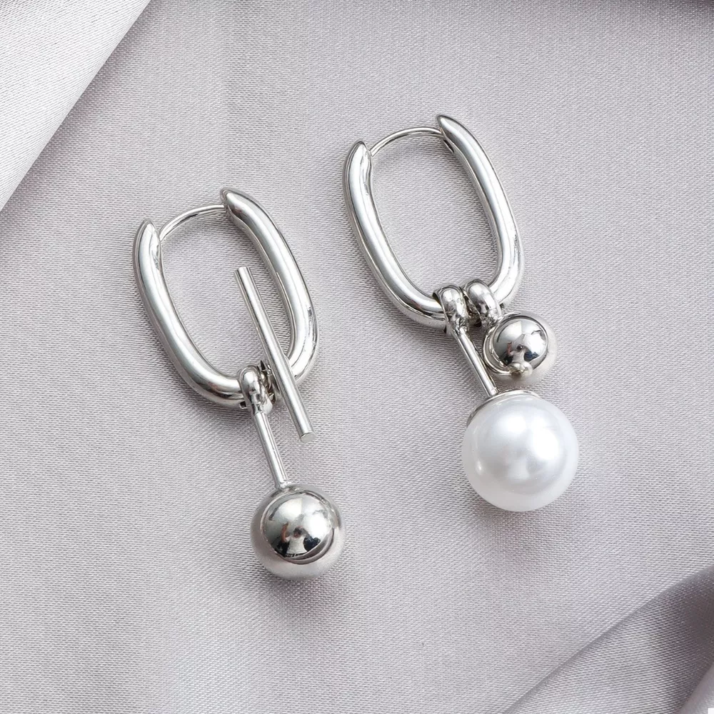 Asymmetrical Pearl Drop Hoop Earrings, image 5