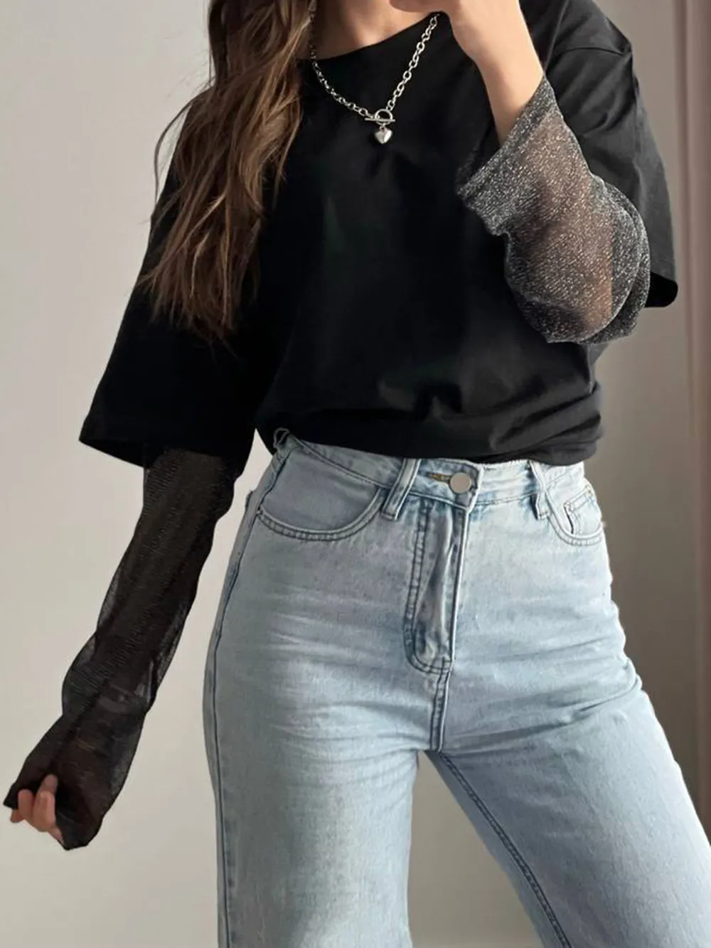 Faux Layered Round Neck Mesh Sleeve Top, image 26