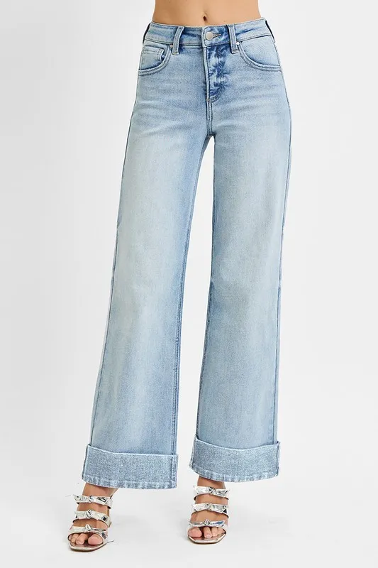 Full Size Tummy Control High Rise Ankle Wide Cuffed Jeans Plus Size, image 6