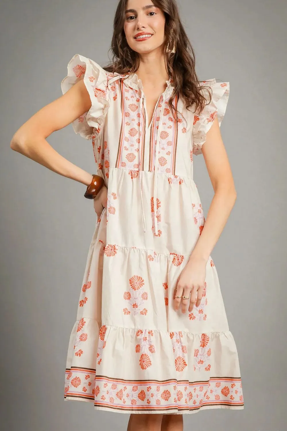 Printed Tie Neck Ruffle Cap Sleeve Dress, image 2