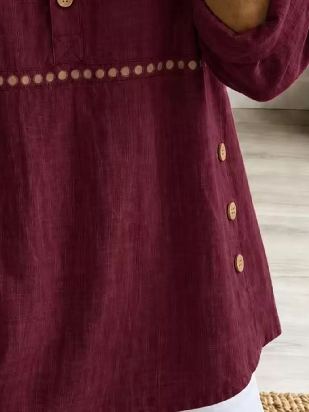 Full Size Button Detail Eyelet Long Sleeve Blouse Plus Size, image 16