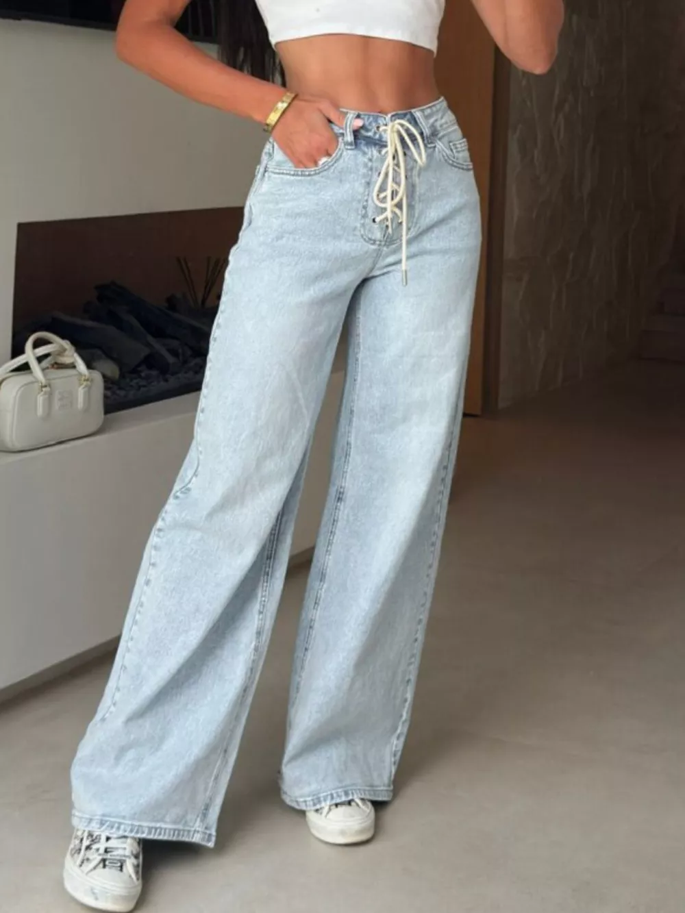 Lace-Up High-Waisted Wide Leg Jeans, image 8