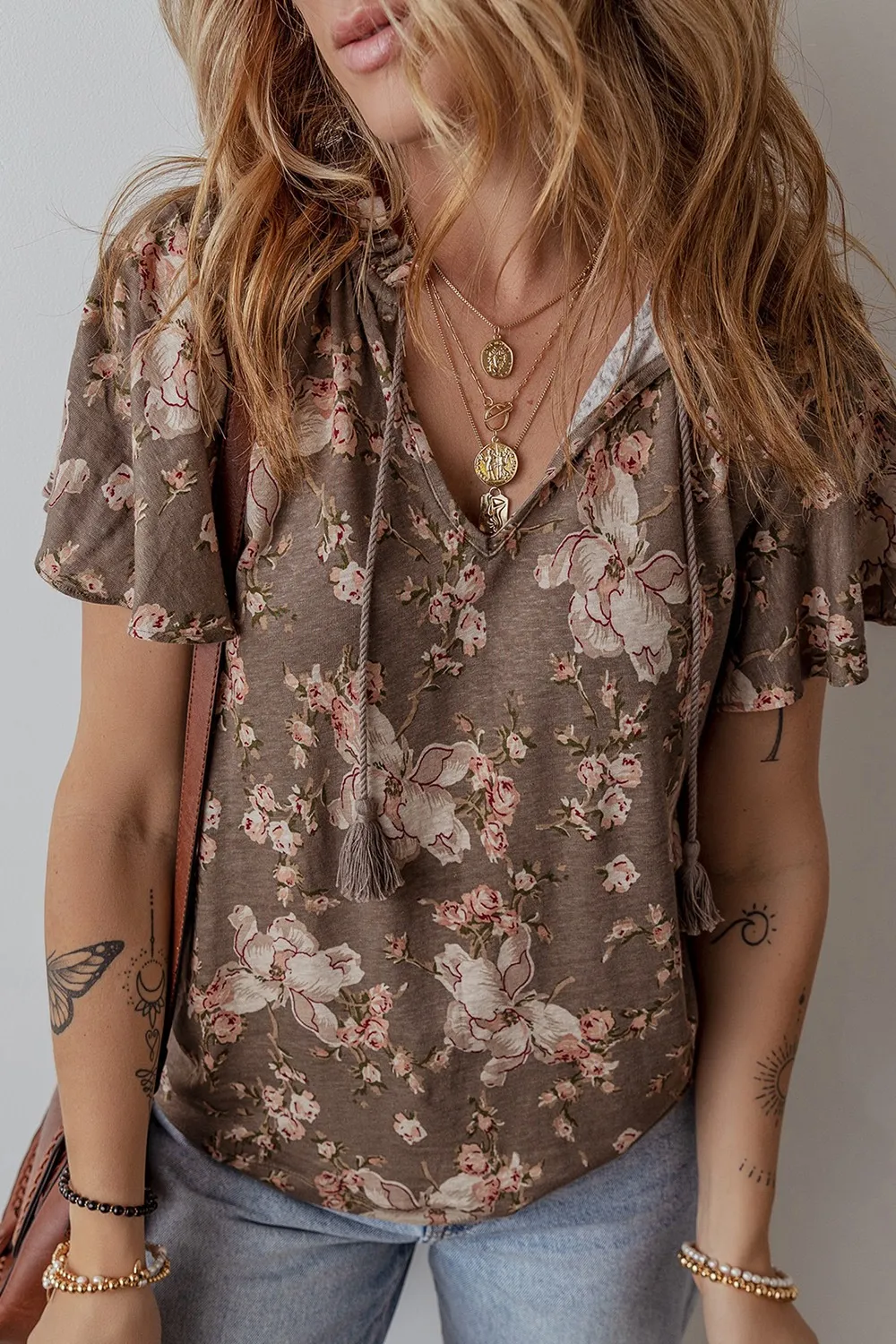 Floral Print Tassel Tie Split Neck Short Sleeve Blouse, image 2