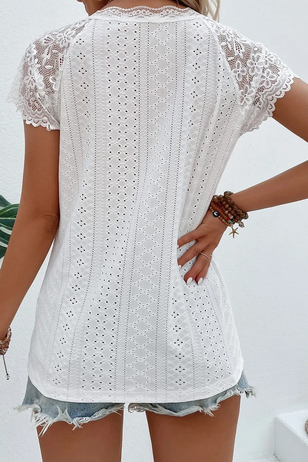 Eyelet Lace Detail V-Neck T-Shirt, image 5