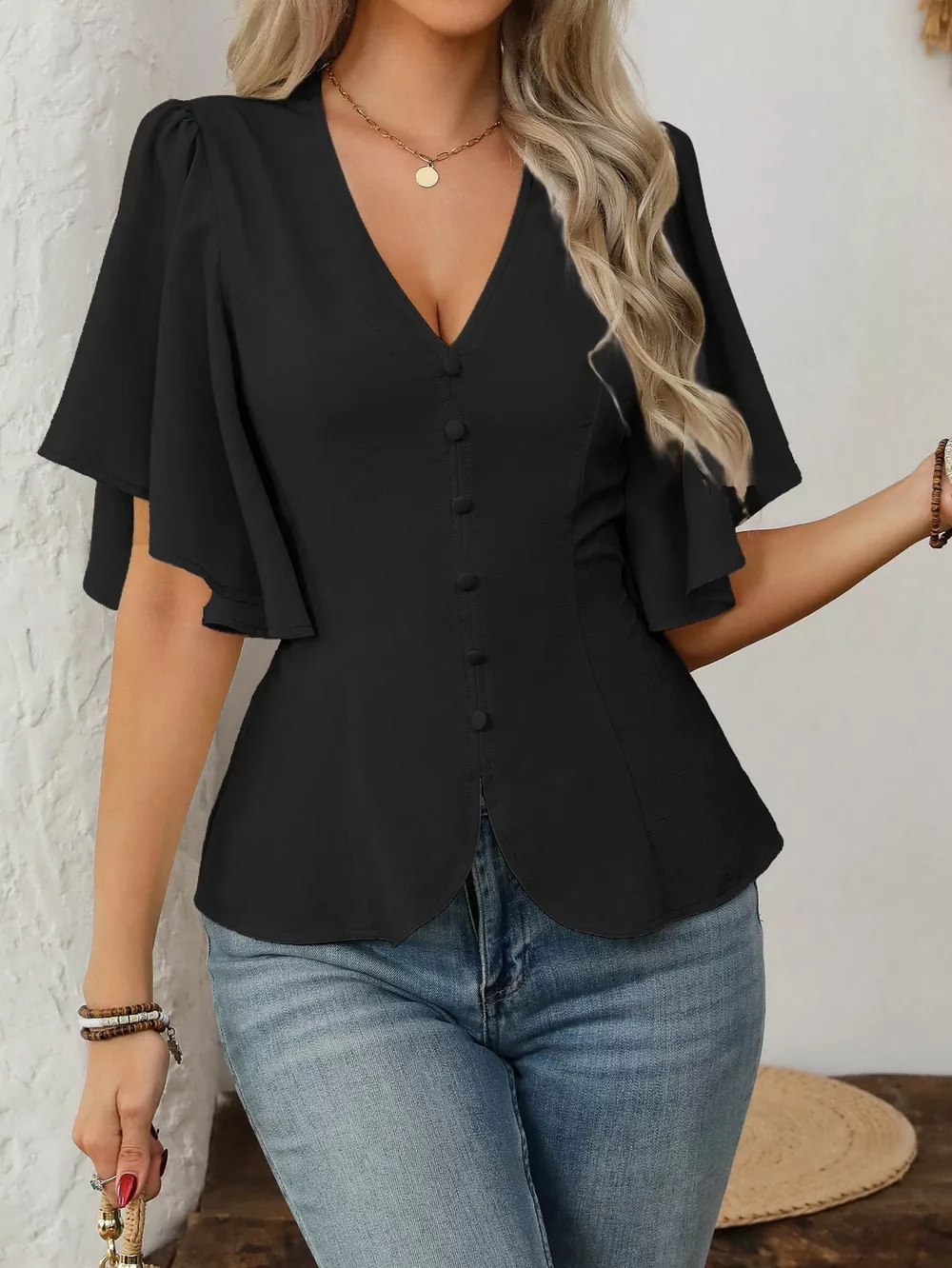 V-Neck Flutter Sleeve Blouse, image 11