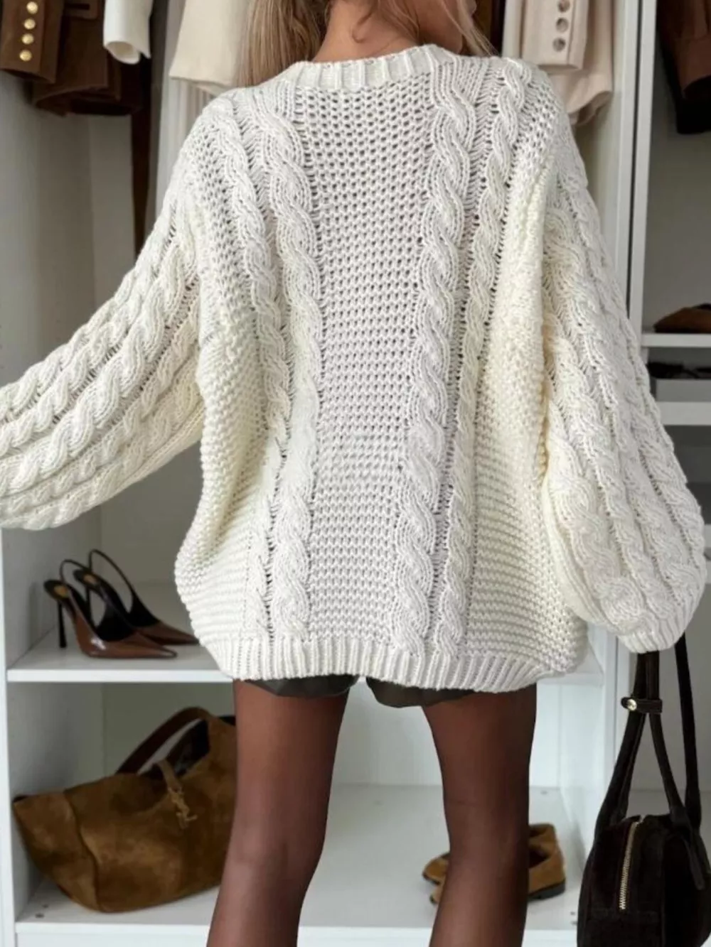 Cable Knit Round Neck Oversized Sweater, image 5