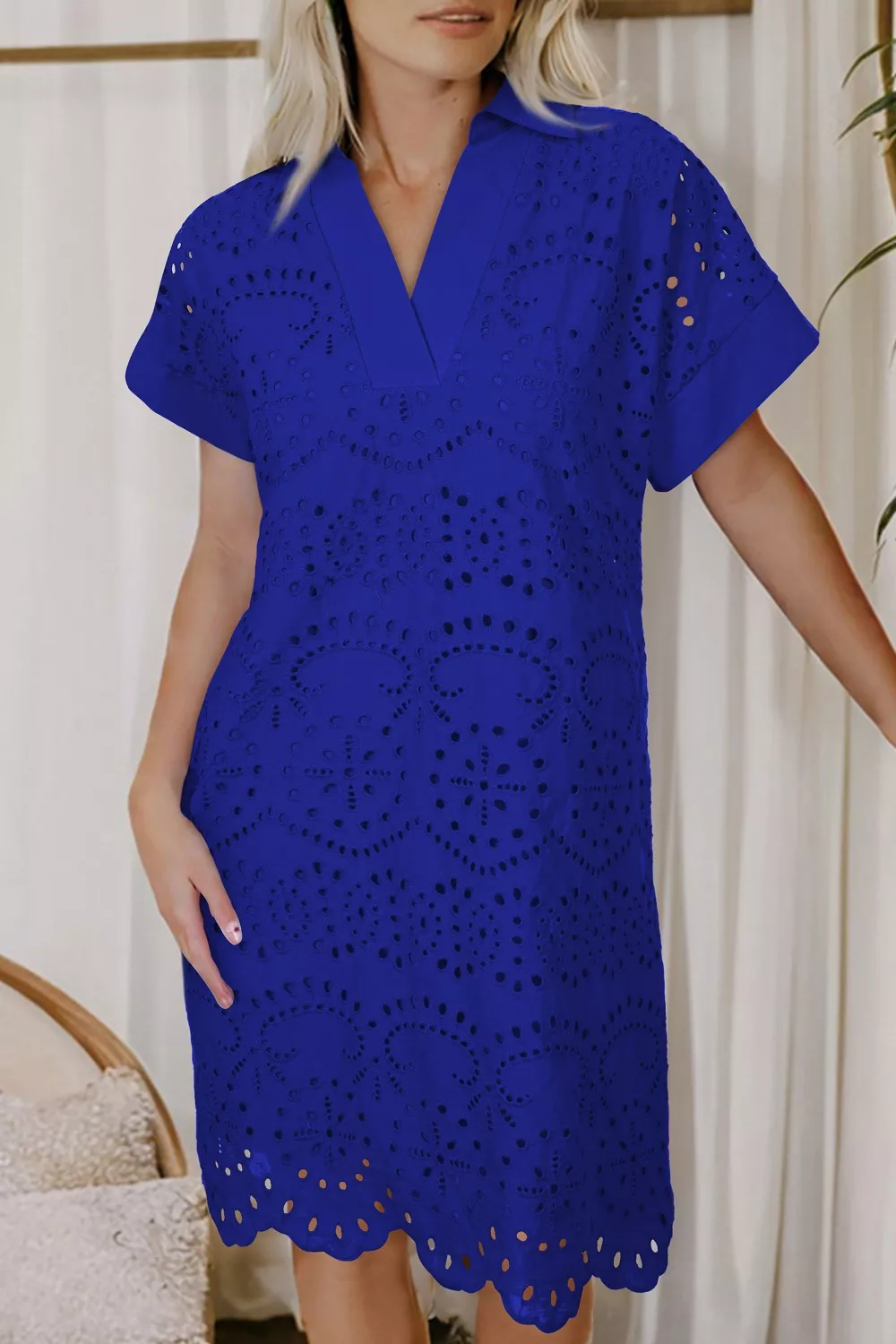 Solid Color Eyelet Embroidered T Shirt Mini Dress, image 3