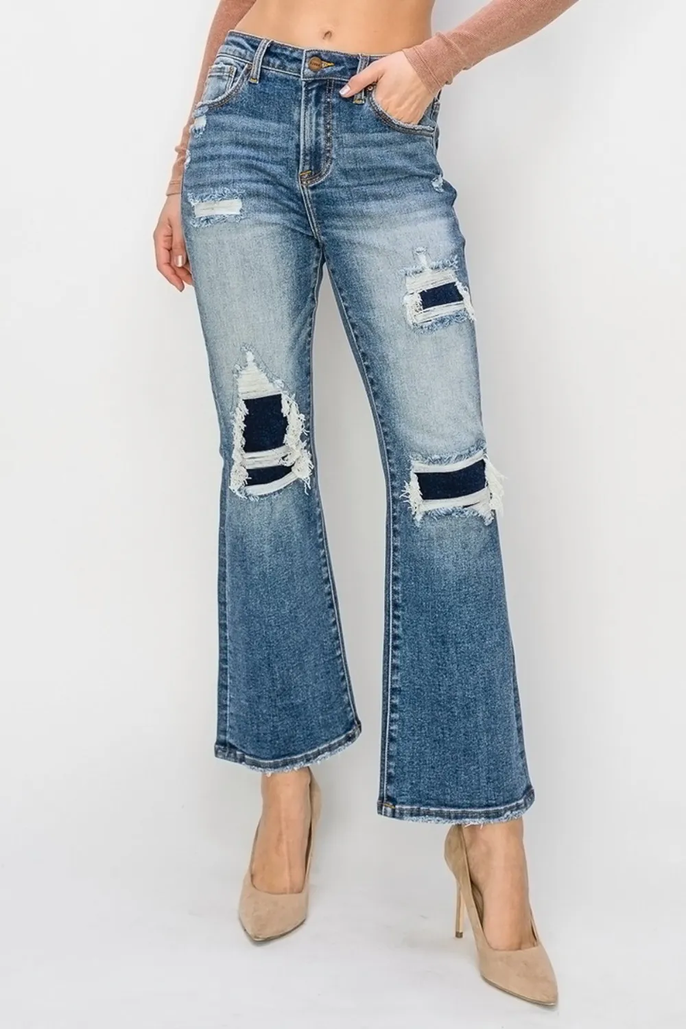 Full Size High Rise Distressed Ankle Flare Jeans, image 6