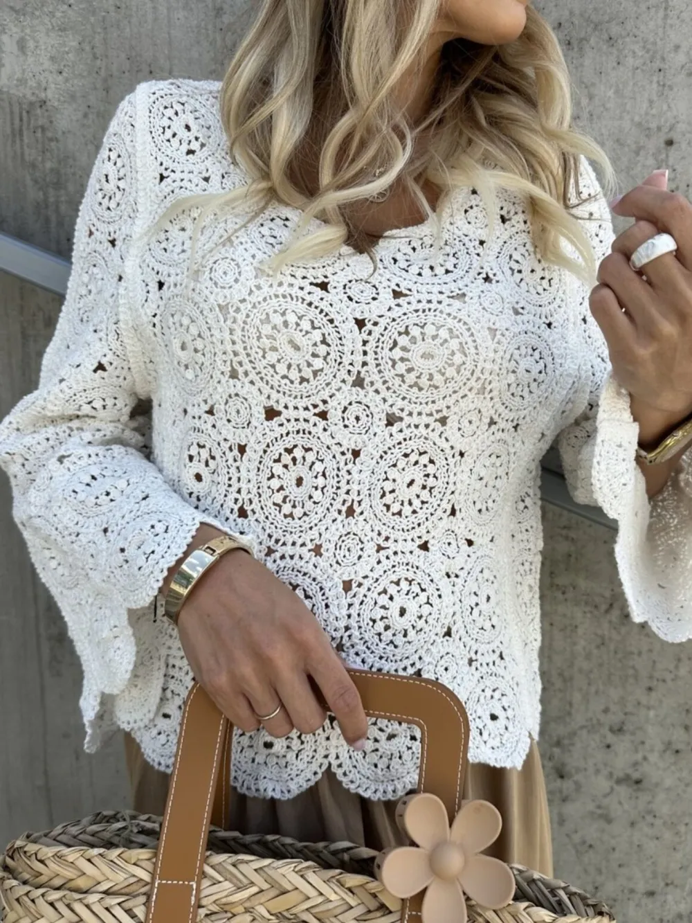 Crochet Lace V-Neck Bell Sleeve Knit Top, image 18