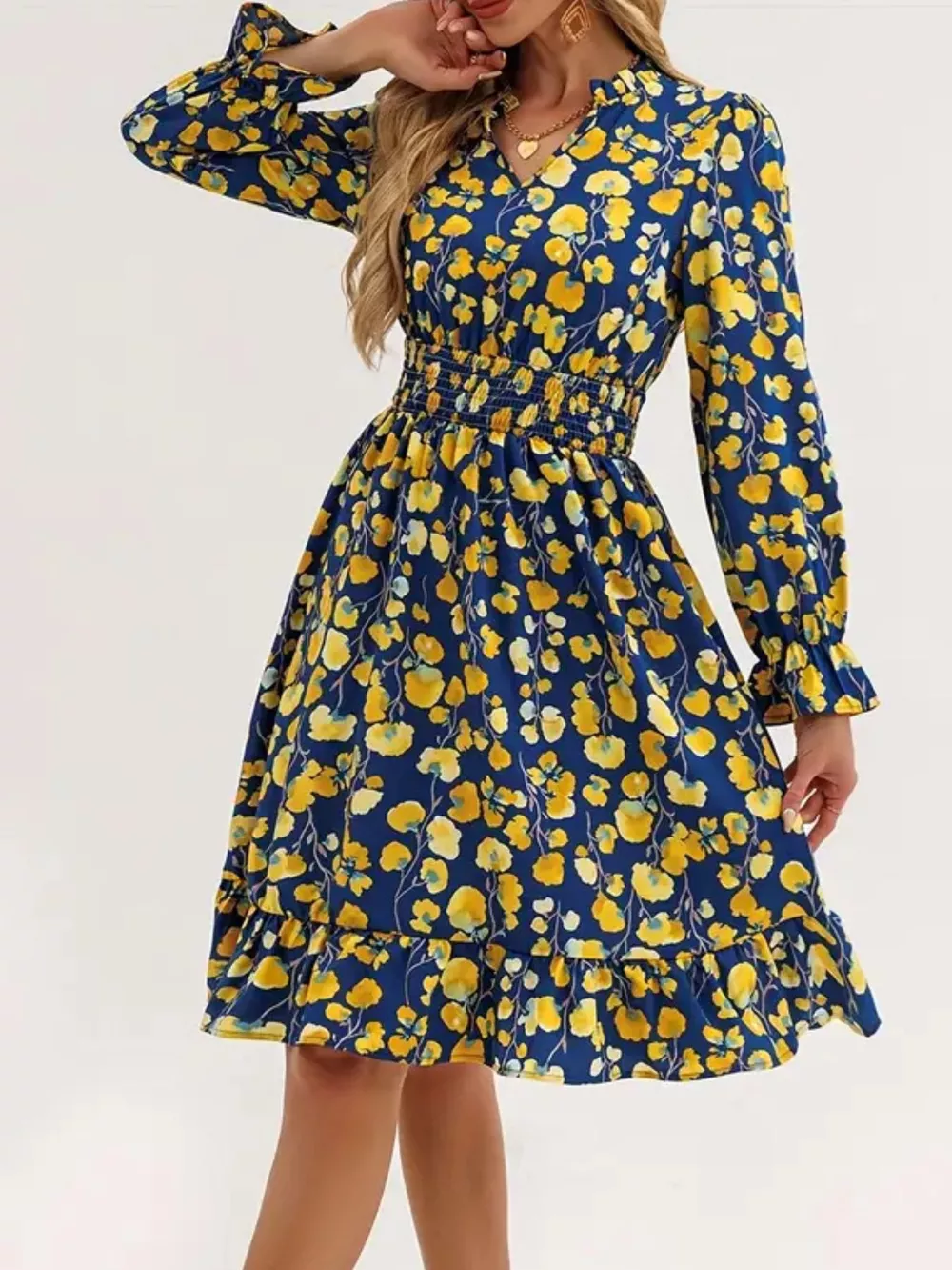 Floral Notched Flounce Sleeve Dress, image 17