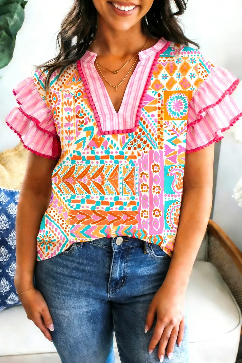 Mixed Print Contrast Trim Striped Patchwork Tiered Short Sleeve Blouse, image 3