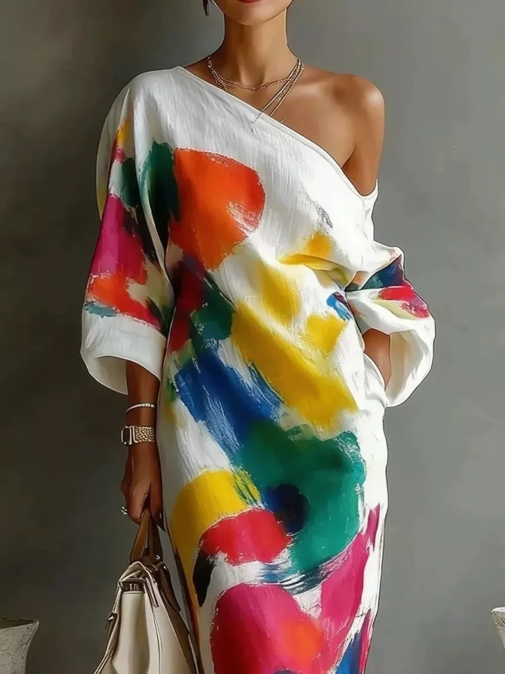 Full Size One-Shoulder Abstract Print Loose Fit Maxi Dress Plus Size, image 2