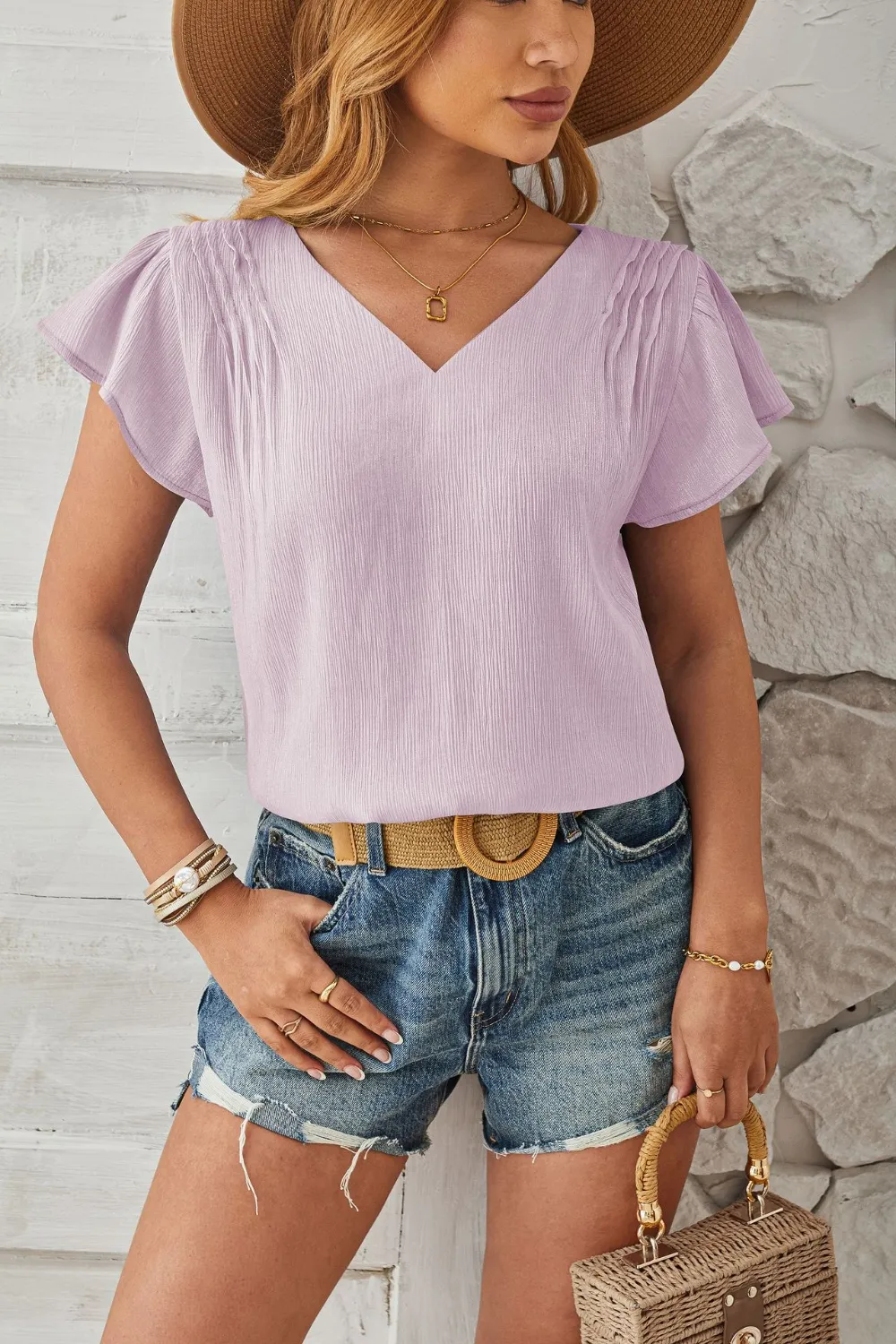 Ruched V-Neck Flounce Sleeve Blouse, image 22