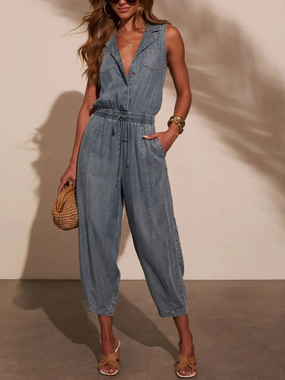 Sleeveless Drawstring Waist Washed Denim Jumpsuit