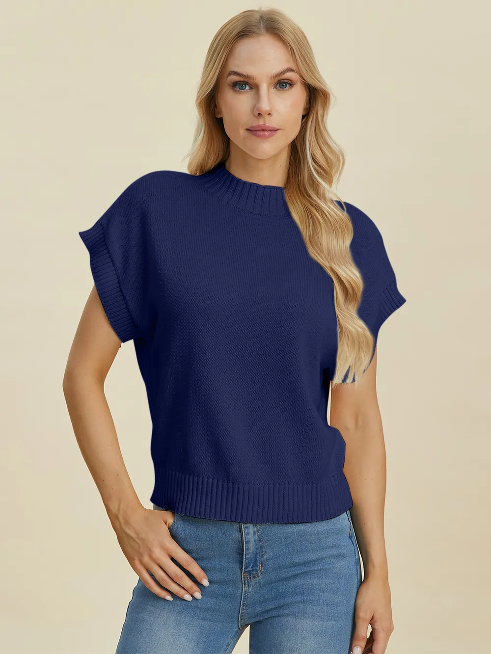 Full Size Mock Neck Short Sleeve Sweater, image 34
