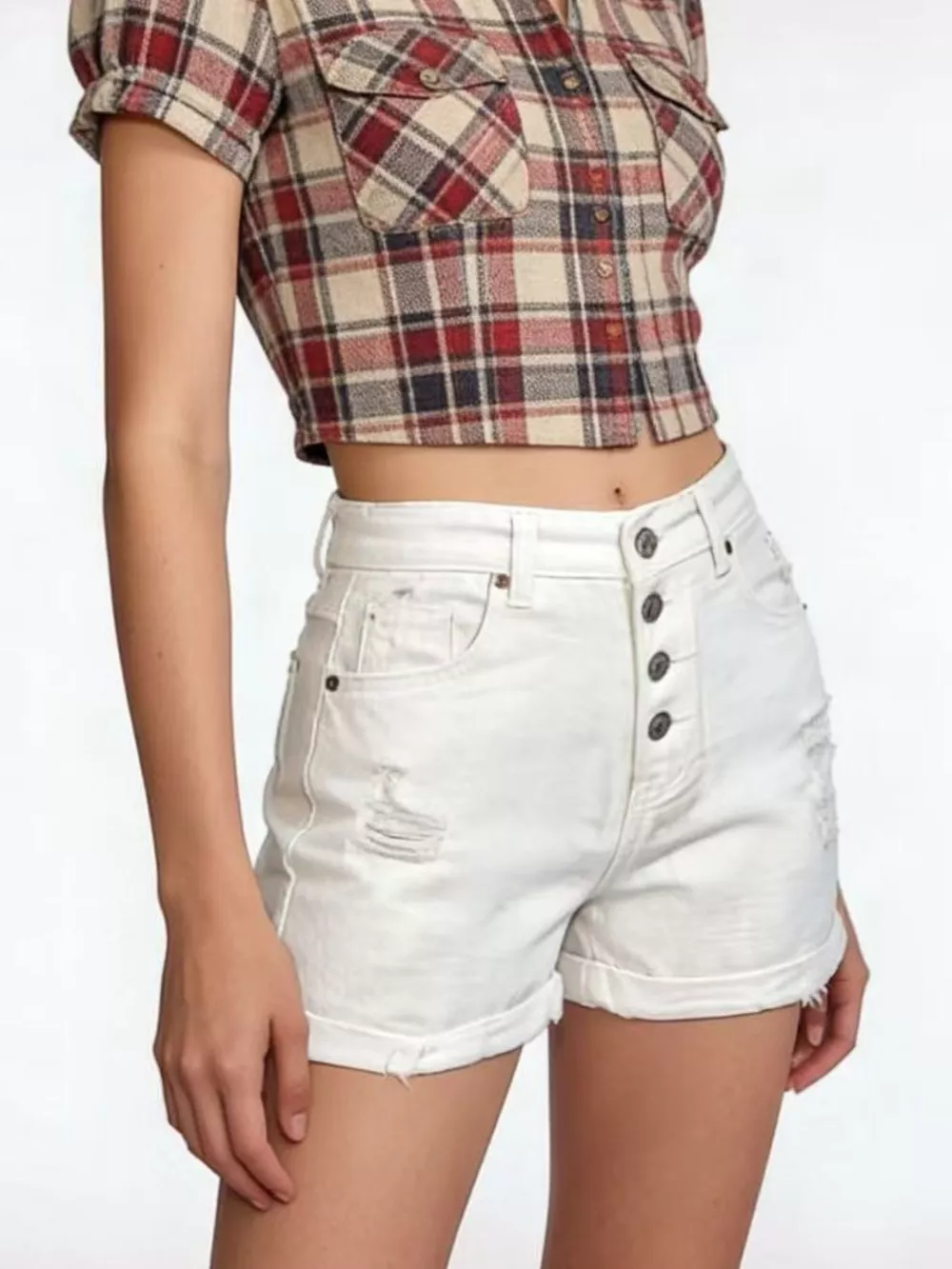 High-Waisted Button-Fly Distressed Denim Shorts, image 8