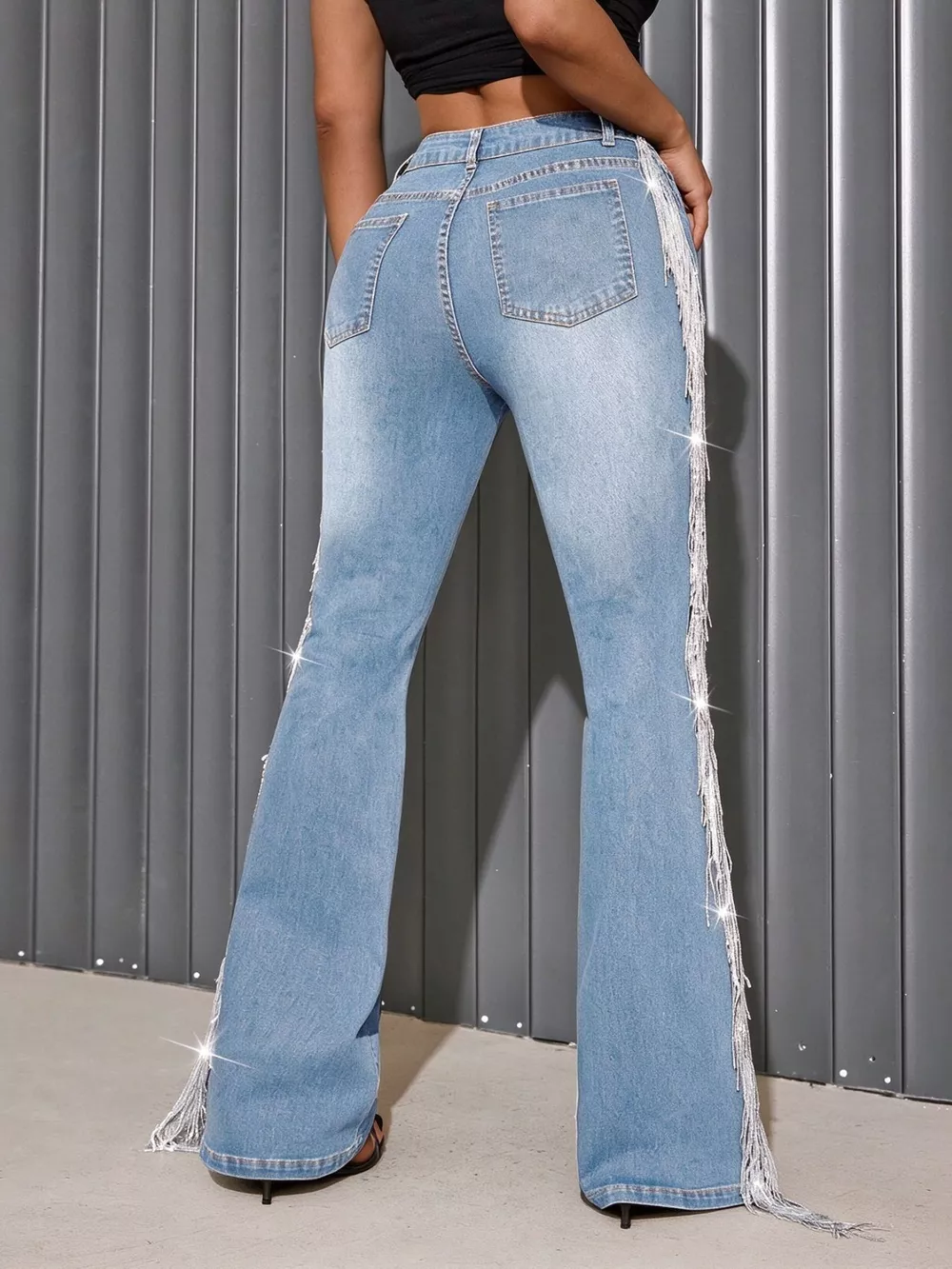 High-Waisted Fringe Flare Jeans, image 3