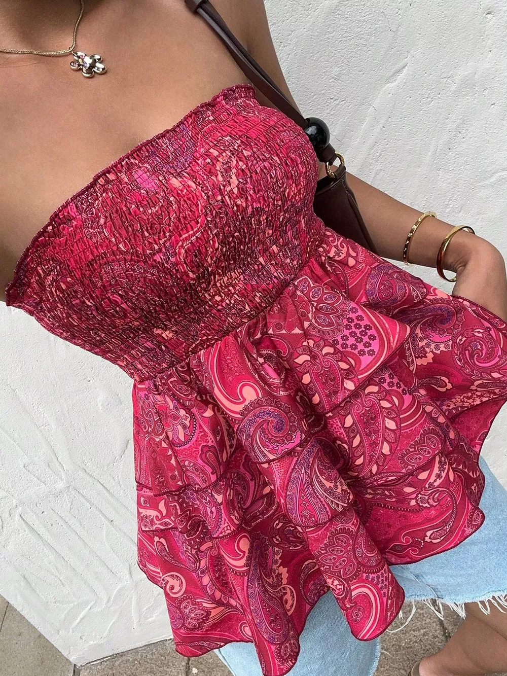 Smocked Layered Paisley Print Tube Top, image 6